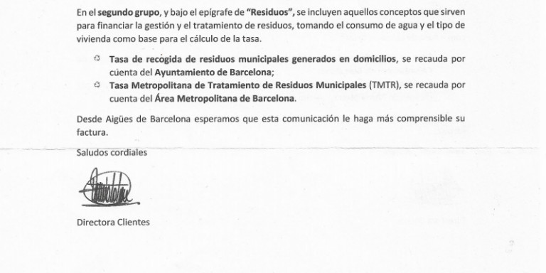 Captura de la carta de Aigües de Barcelona a sus clientes / MA 