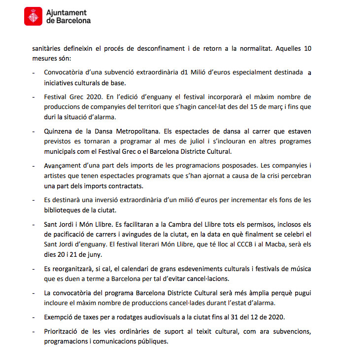 Medidas económicas para el sector de la cultura, entre ellas la exención fiscal / AYUNTAMIENTO DE BARCELONA