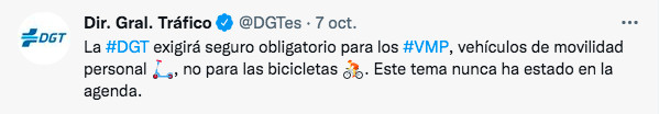 Tuit de la DGT en el que se explica que será obligatorio el seguro para patinetes eléctrico / DGT