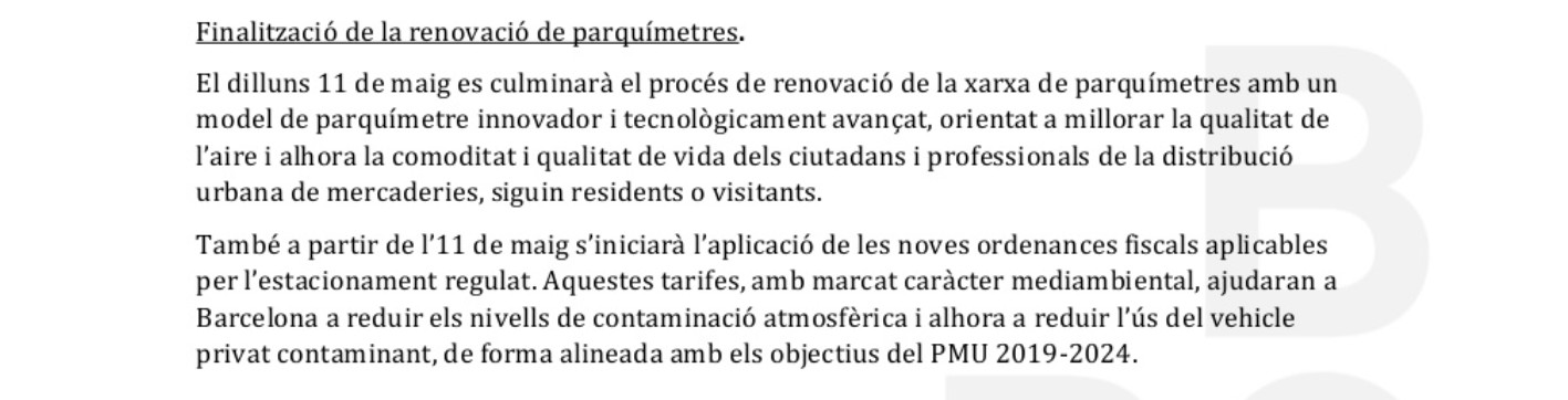 Documento con la entrada en vigor de las nuevas tarifas de aparcamiento, el 11 de mayo / AYUNTAMIENTO DE BARCELONA