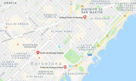 Mapa de los puntos de recarga de Endesa en Barcelona