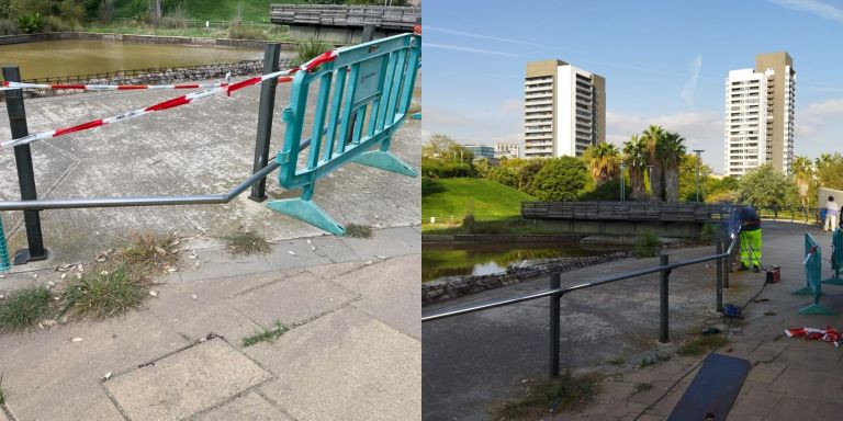 Una barandilla rota, a la izquierda, el jueves, y unos operarios reparándola, el viernes / METRÓPOLI