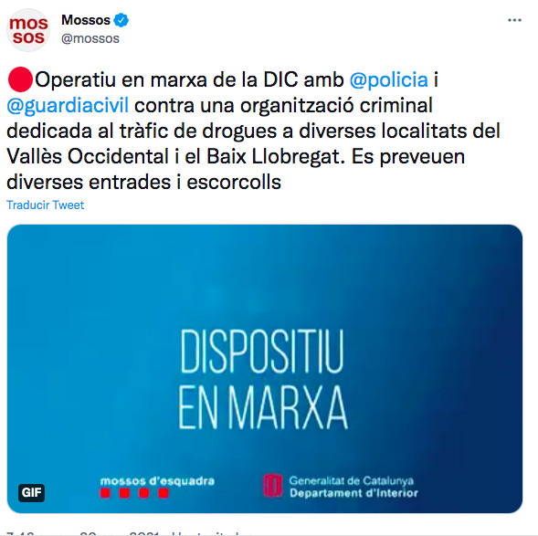 Tuit de los Mossos d'Esquadra sobre el operativo antidroga / MOSSOS