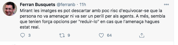 Tuit de Ferran Busquets sobre los disparos a la persona sintecho