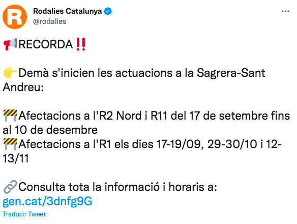 Tuit de Rodalies sobre los cortes a partir de este sábado 17 de septiembre / TWITTER RODALIES