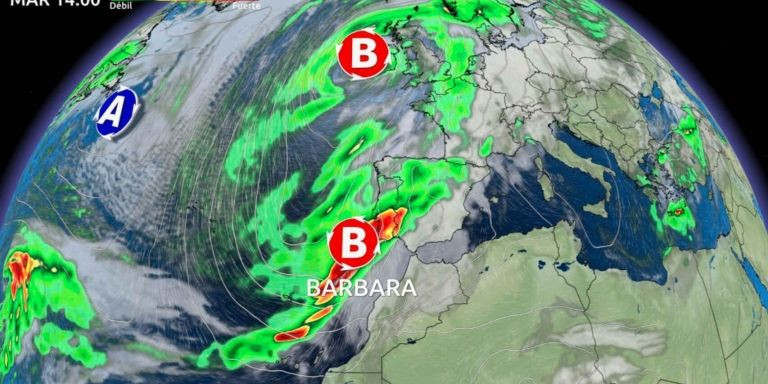 Mapa de cómo llegará la borrasca 'Bárbara' a Barcelona y Cataluña / ELTIEMPO.ES 