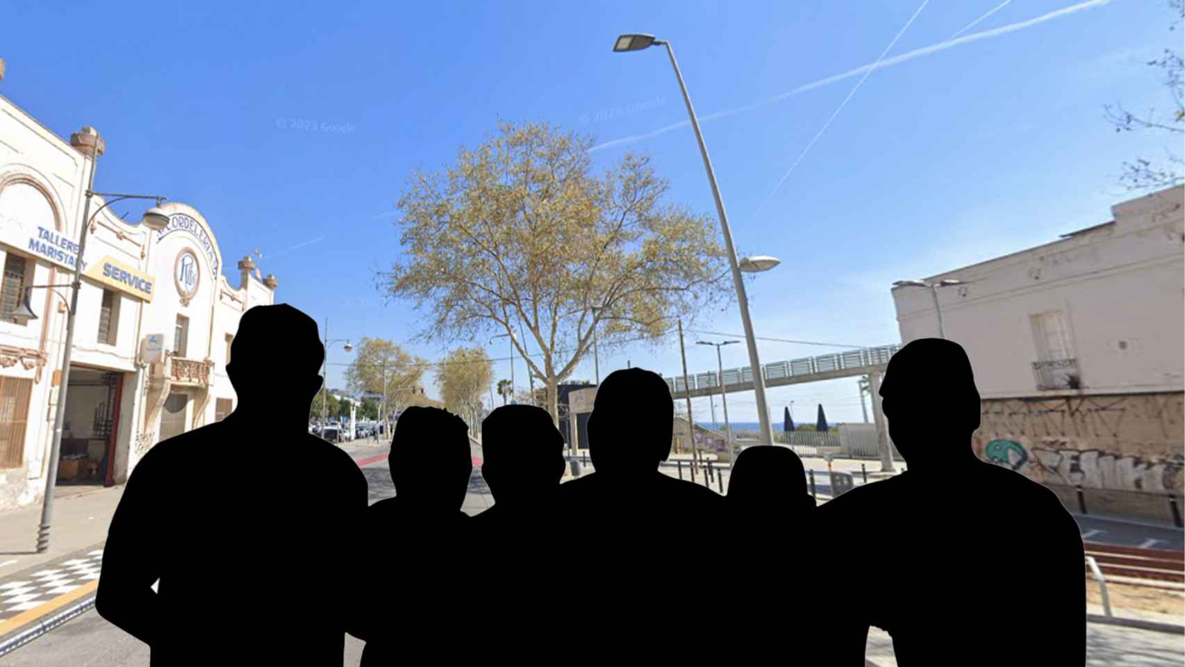 Fotomontaje con unas siluetas de jóvenes frente a la carretera de Mataró en la zona de ocio nocturno de Badalona