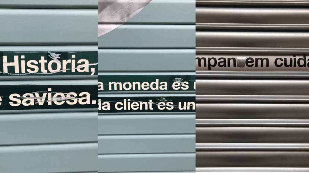 Acentos, palabras y letras tachadas de persianas de comercios de la Dreta del Eixample