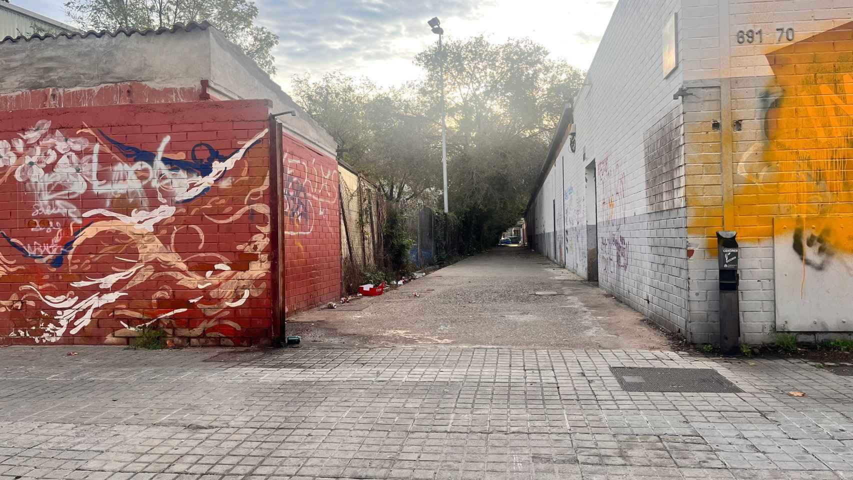 El pasaje entre el antiguo B-9 y un huerto, ambos okupados