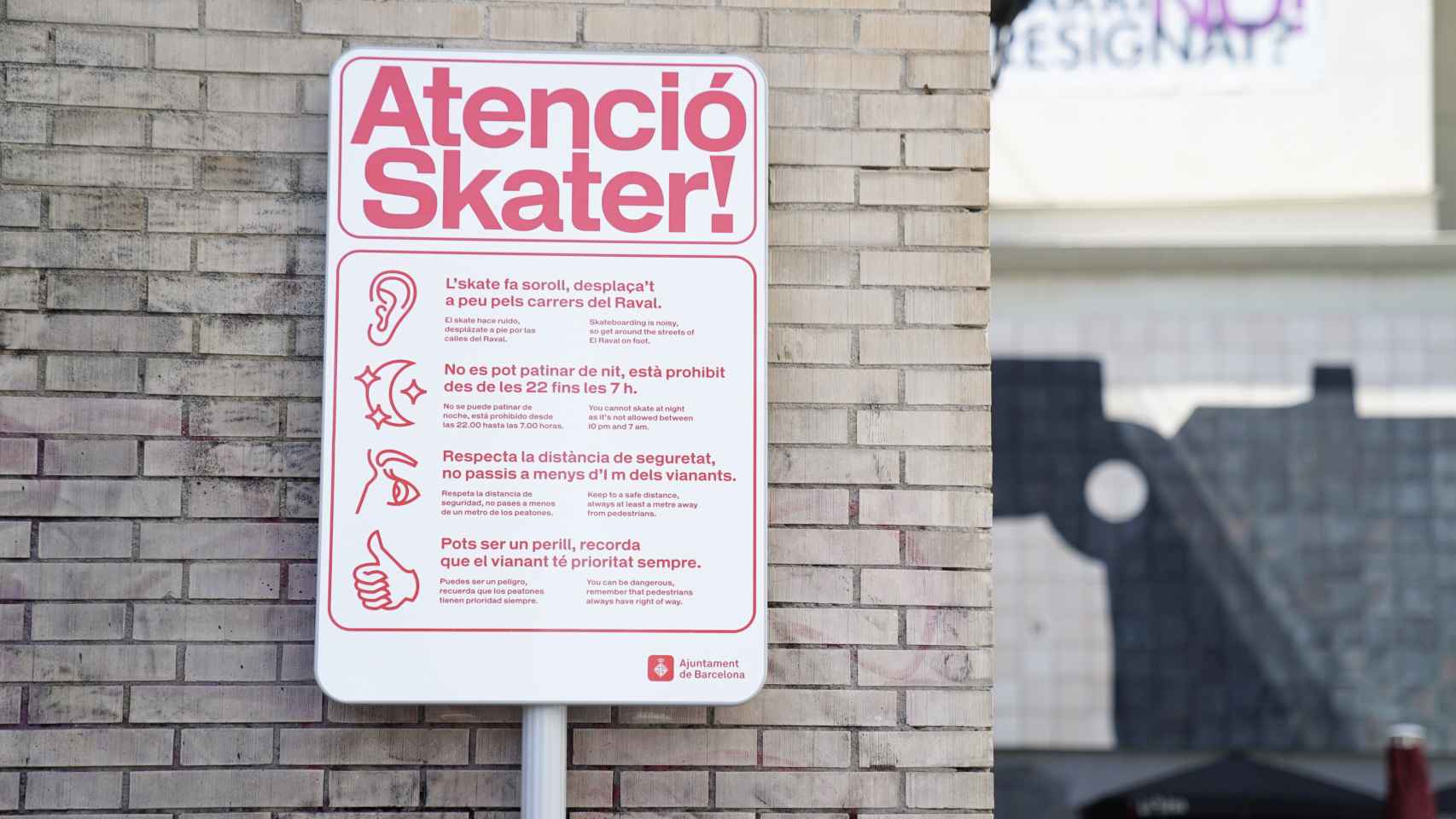Una de las señales instaladas en Ciutat Vella para concienciar a los ‘skaters’