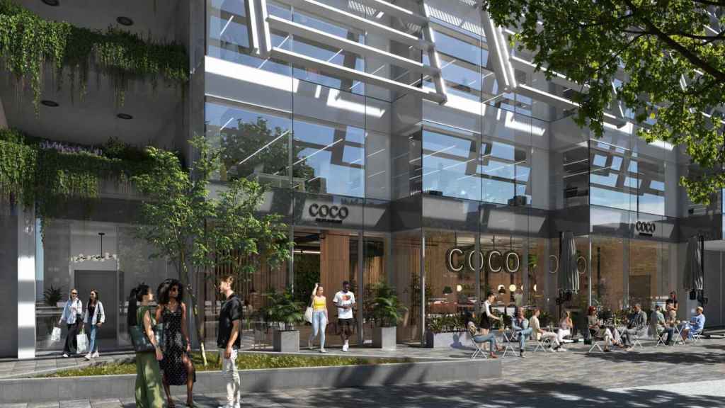 Render del exterior de las oficinas con comercios y restauración