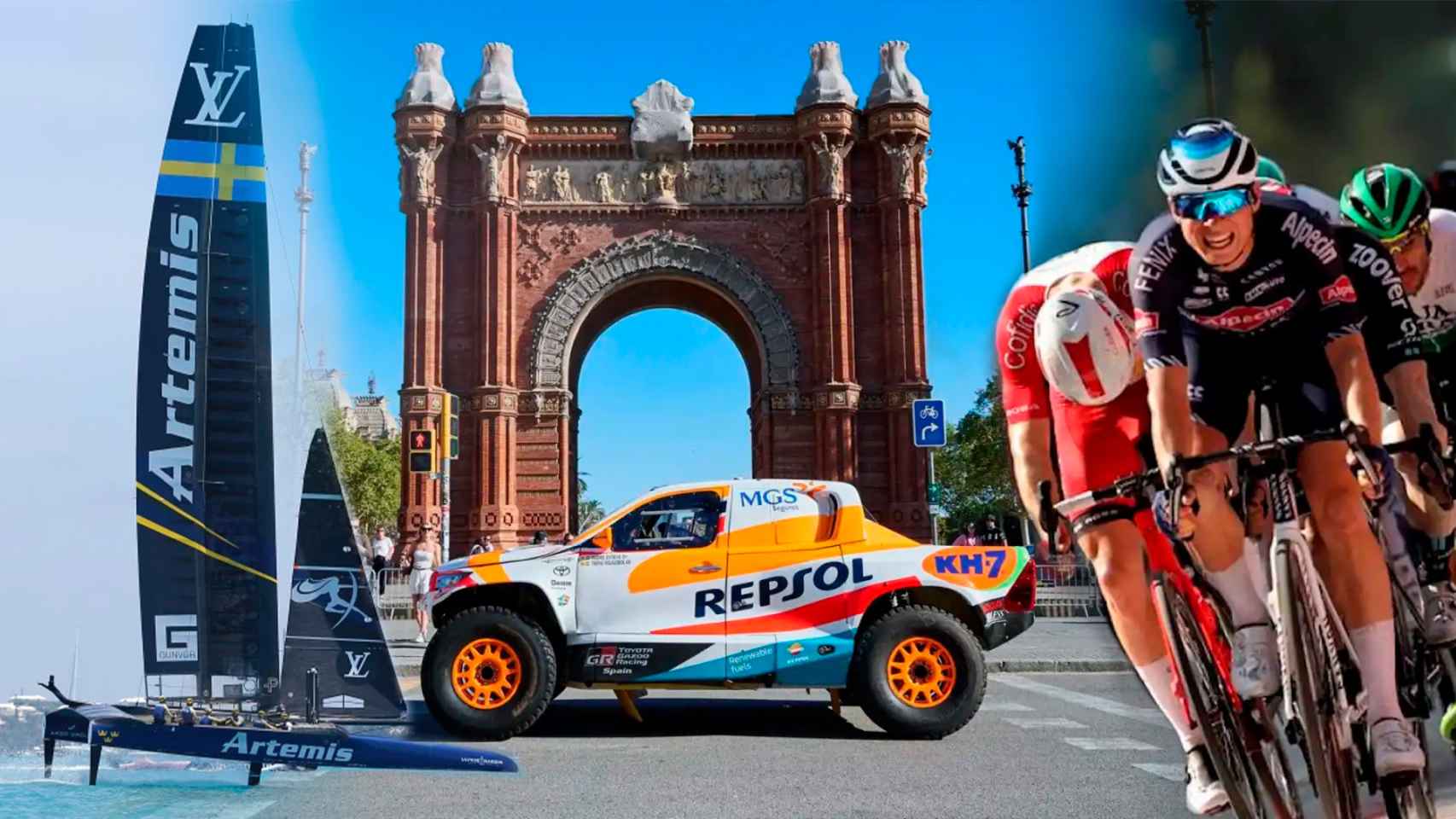 Fotomontaje con la Copa América de Vela, la Vuelta, y el rally Dakar