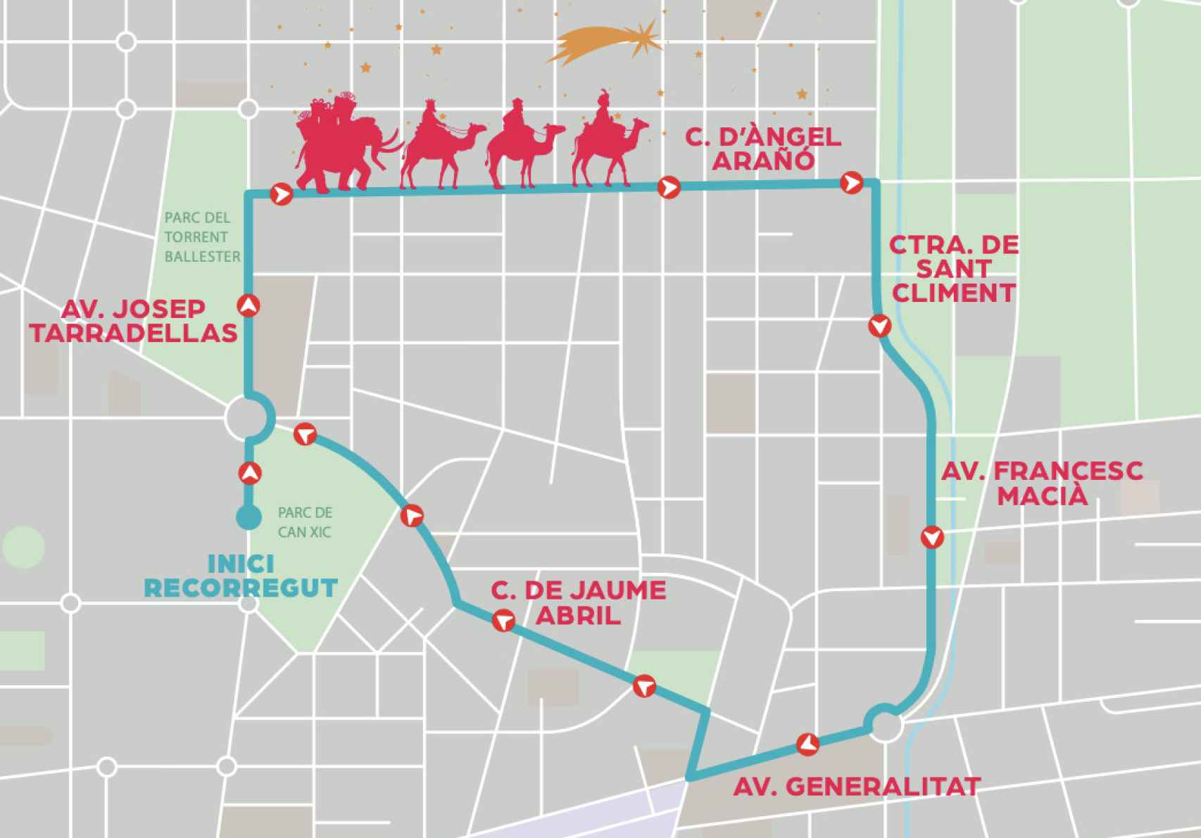 Mapa del recorrido de la Cabalgata de Reyes de Viladecans 2024