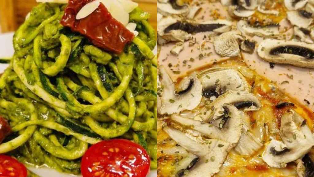 Un plato de pasta y una pizza del restaurante vegetariano