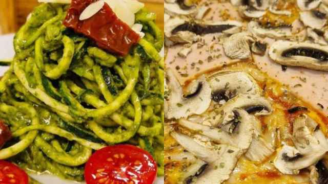 Un plato de pasta y una pizza del restaurante vegetariano