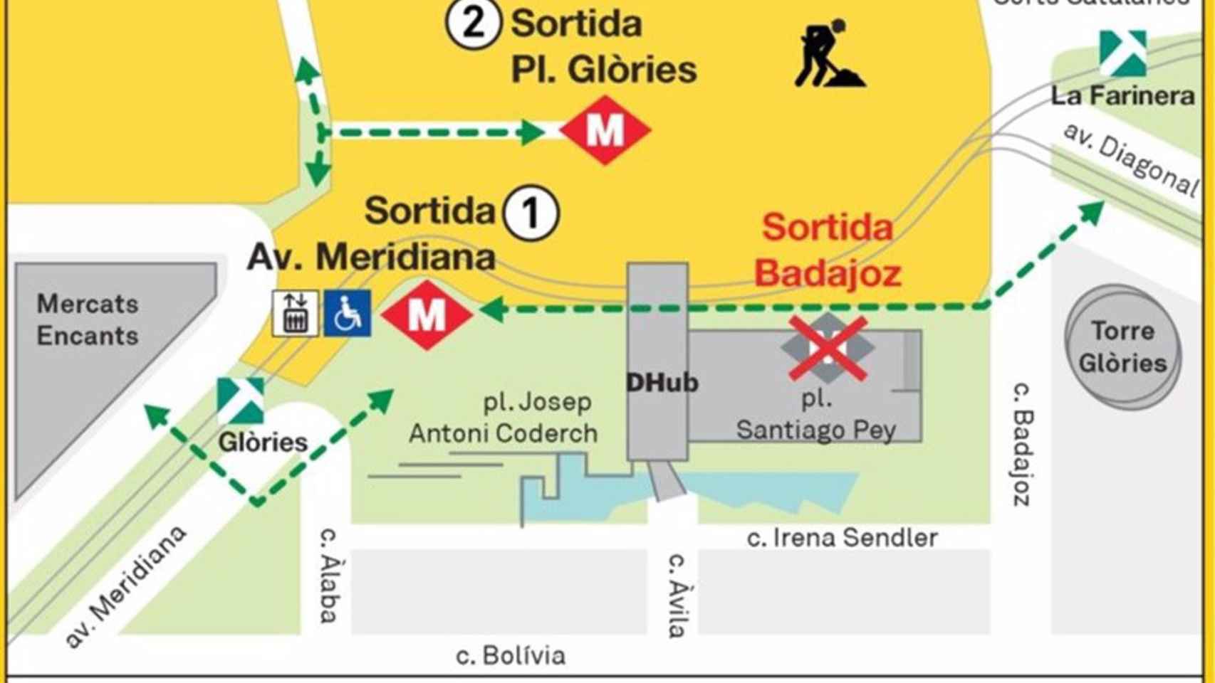 Mapa de la afectación en la estación de Glòries de la L1 del metro de Barcelona