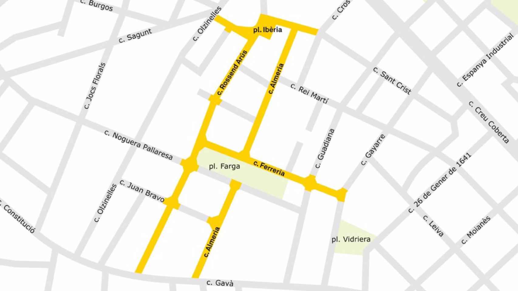 Mapa de las calles que se pacificarán de Sants y La Bordeta, en el distrito de Sants-Montjuïc de Barcelona