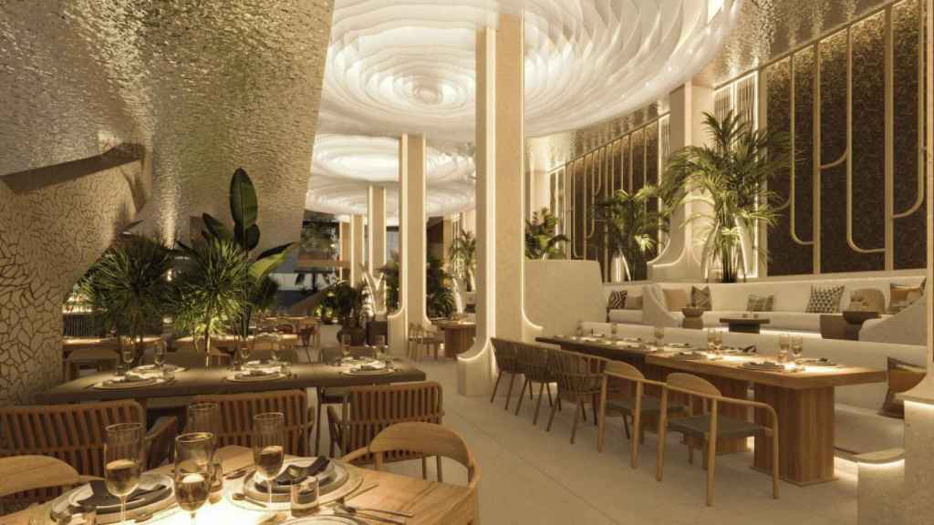 Render del interior de uno de los restaurantes de las plantas superiores de Bastian