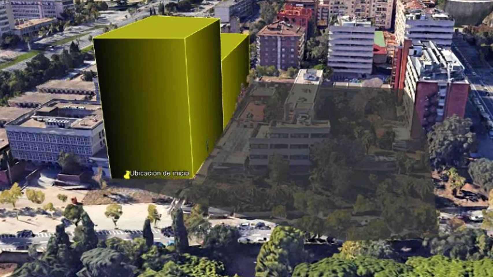 Proyección que muestra la sombra de los dos edificios a mediodía