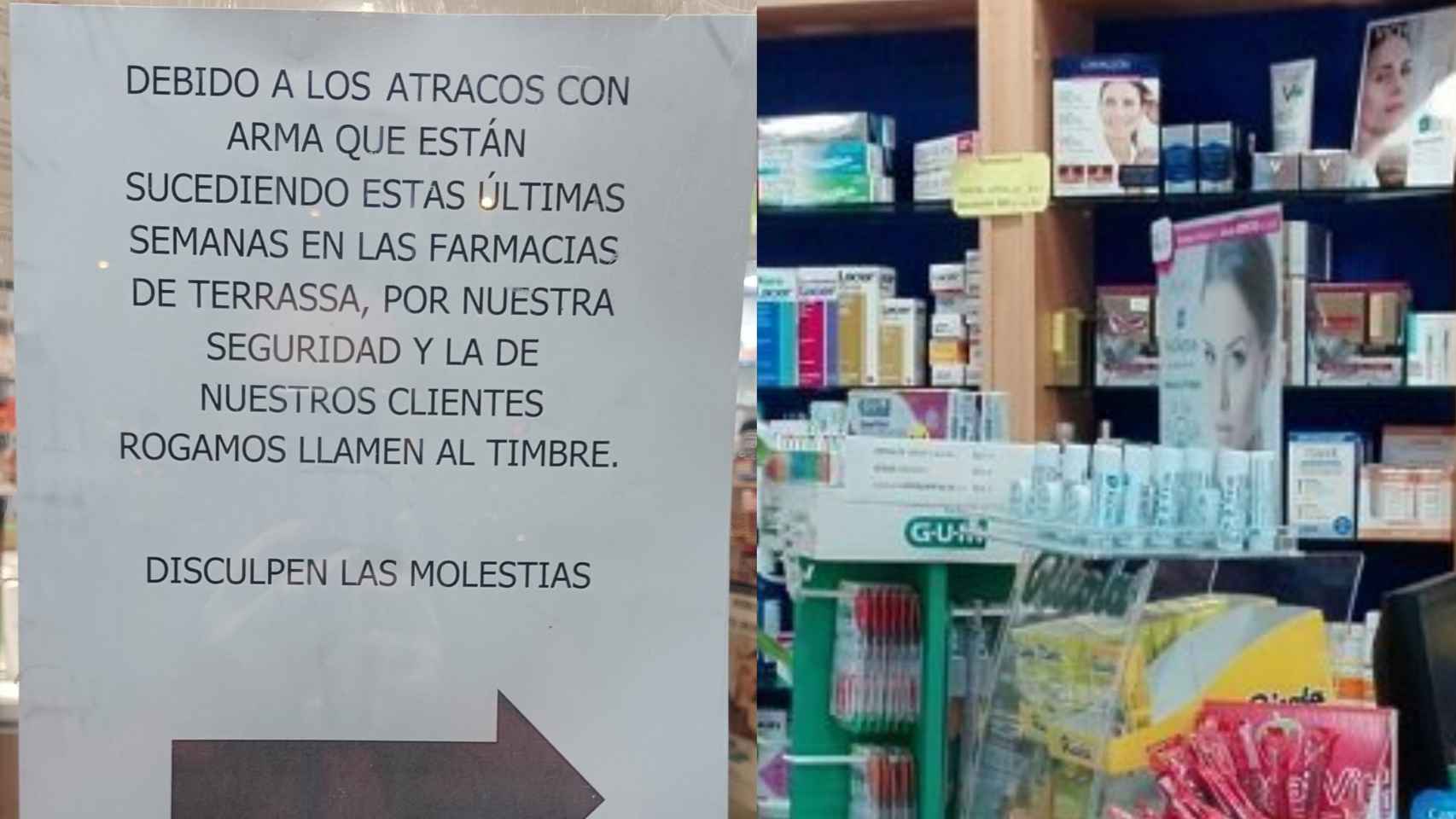 Un fotomontaje de un cartel en un comercio y una farmacia en una imagen de archivo