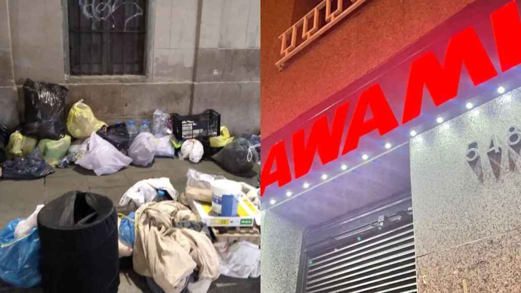 Fotomontaje de basura acumulada en el Raval y un comercio Awami