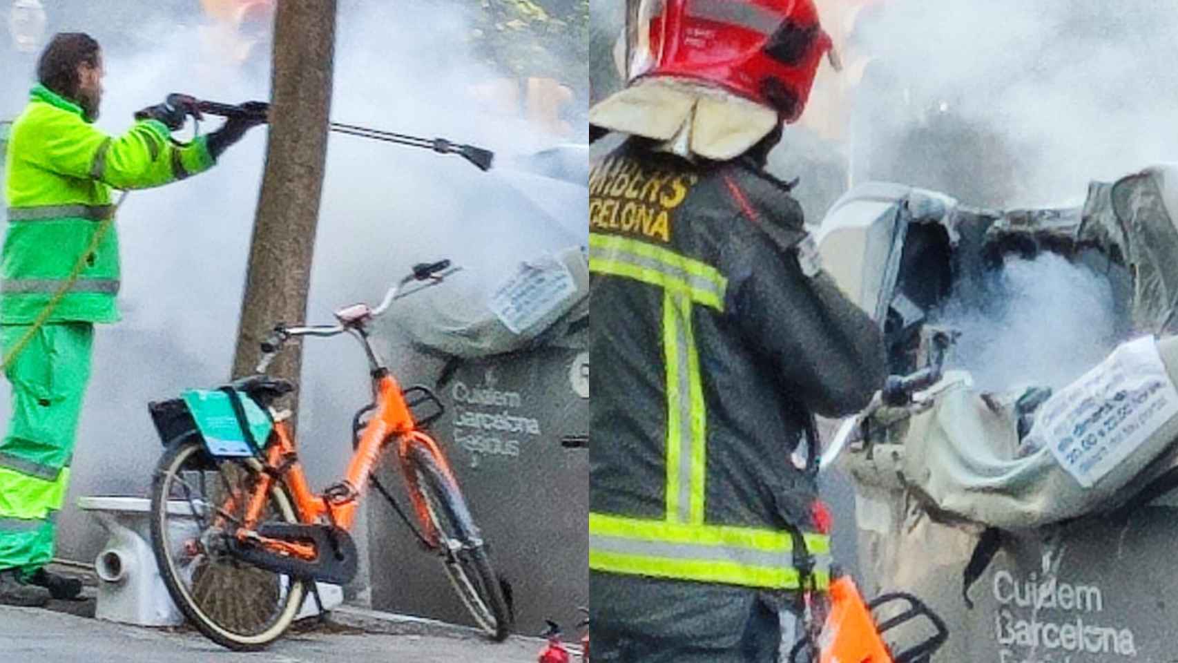 Los servicios de limpieza y los Bombers de Barcelona apagan los contenedores del CAS Baluard