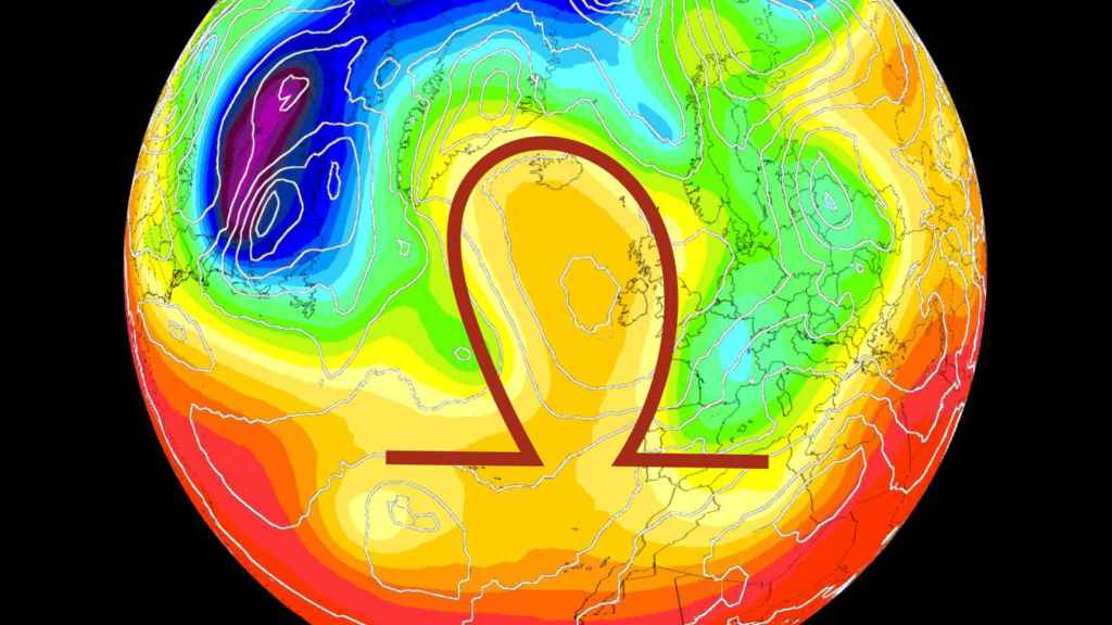 Mapa de presión atmosférica y anticiclón de bloqueo atlántico en forma de omega