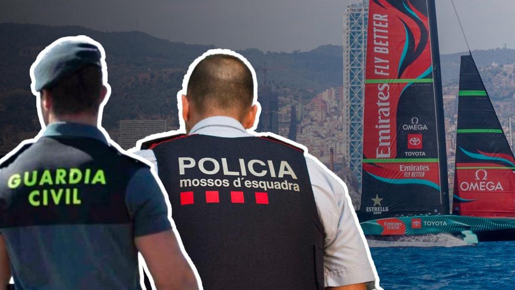 Fotomontaje donde aparece un agente de los Mossos y uno de la Guardia Civil con un velero de la Copa América