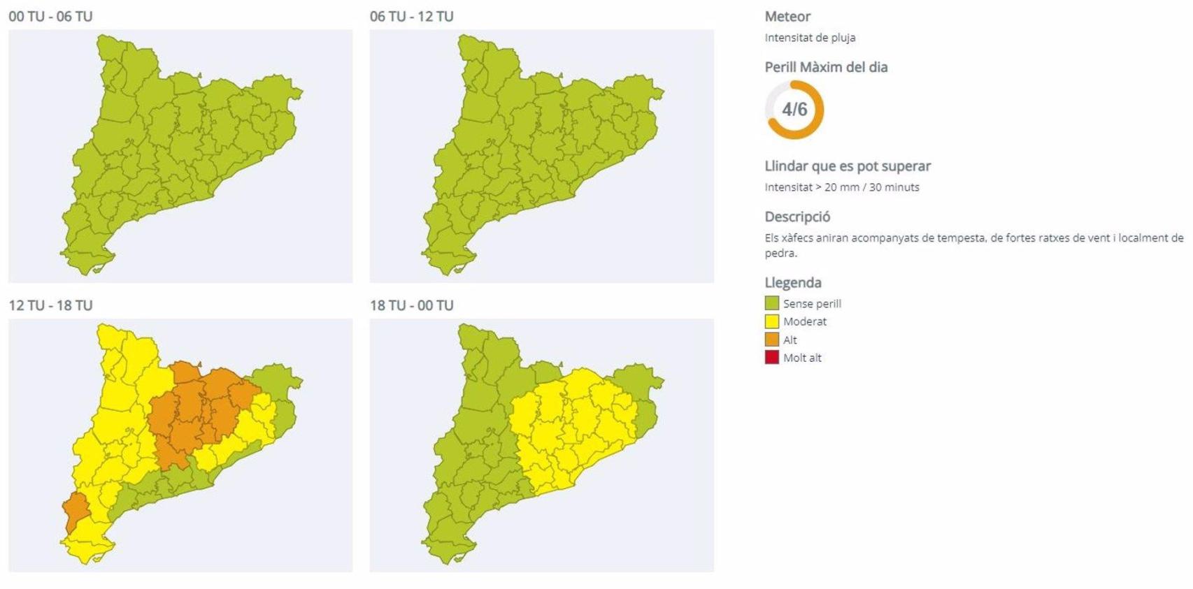 Mapa de previsión de lluvias intensas en Catalunya