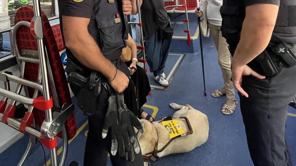 Agentes de los Mossos d'Esquadra, con la víctima y su perro lazarillo