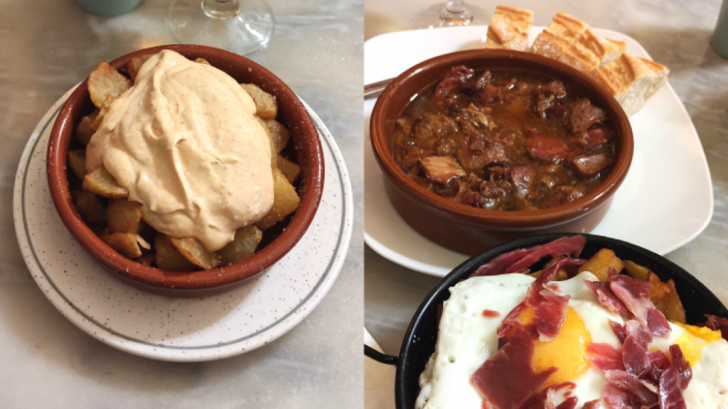 Patatas bravas, callos y huevos con jamón en La Bodegueta de Cal Pep