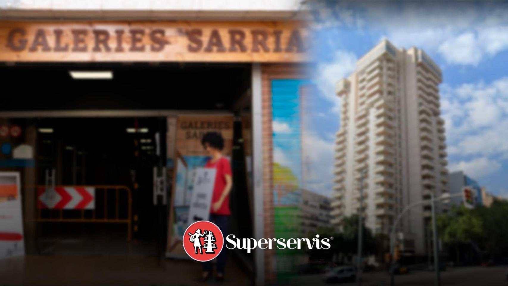 Fotomontaje de las Galerías Sarrià, la sede de Grupo Constant y el logo de la cadena Supermercados Superservis