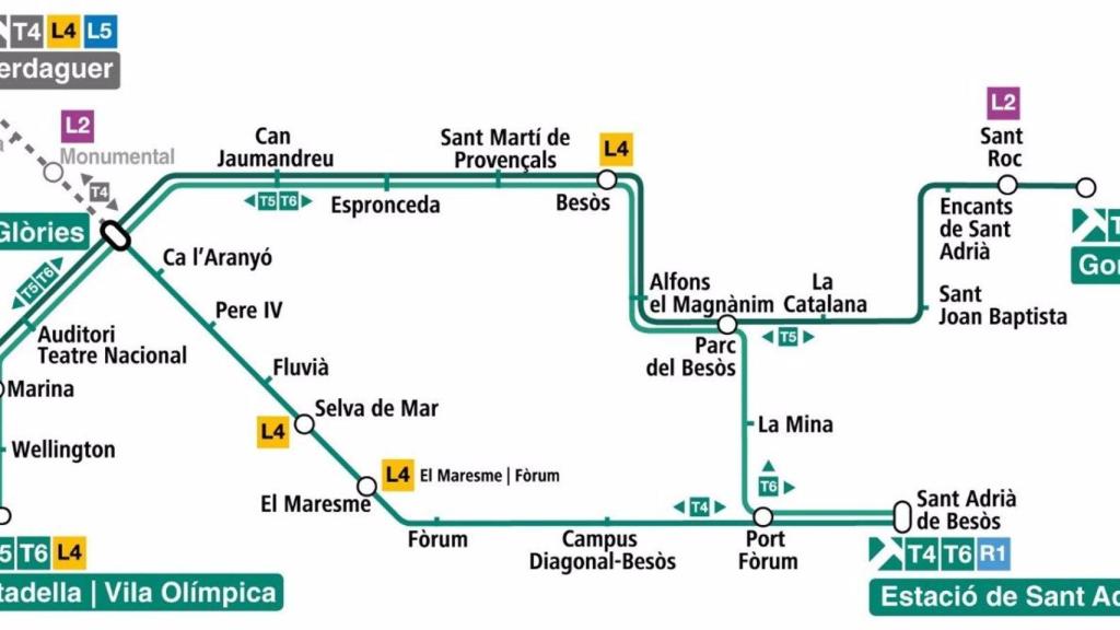 Mapa de la red de tranvía de Barcelona, con los cambios en los recorridos a partir del 21 de octubre