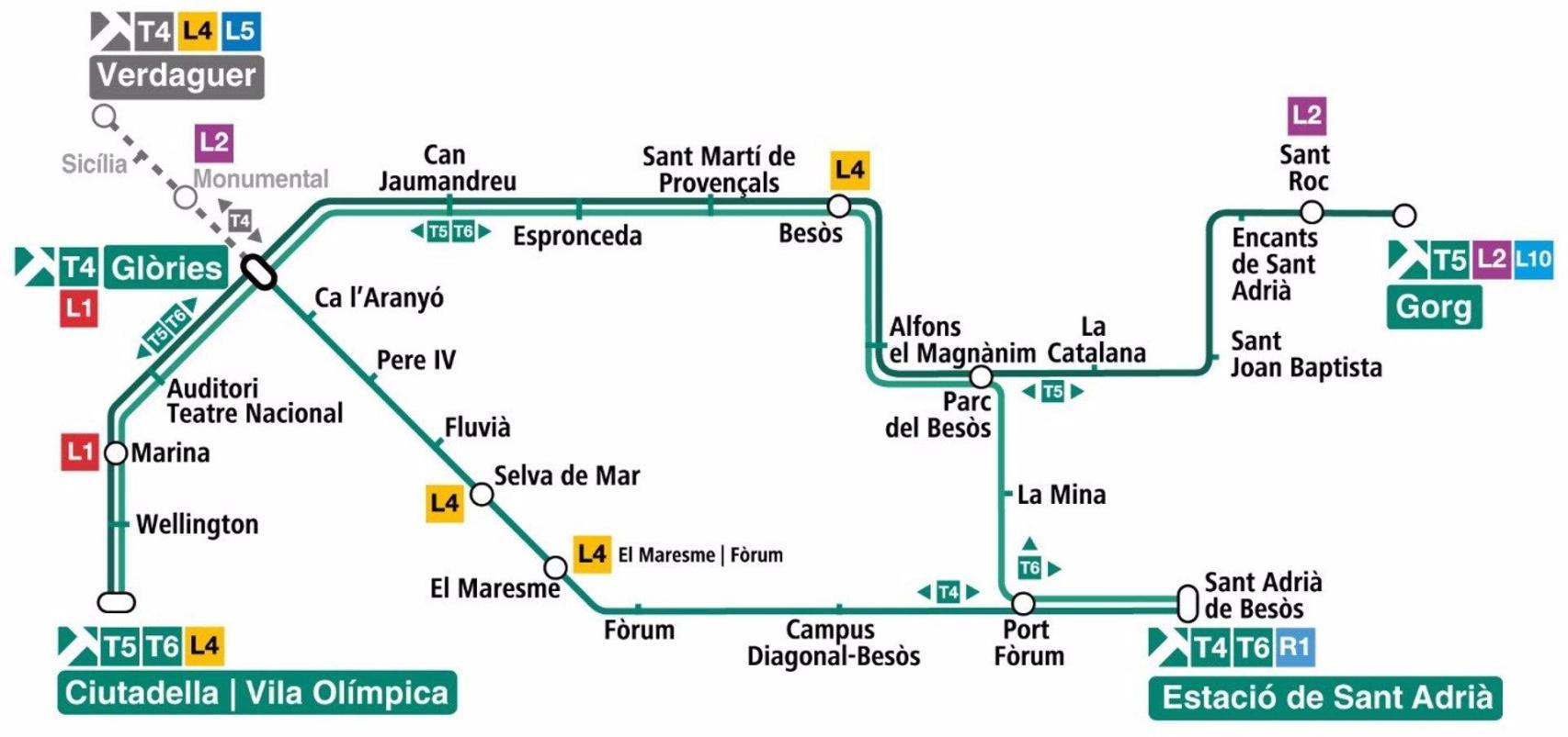 Mapa de la red de tranvía de Barcelona, con los cambios en los recorridos a partir del 21 de octubre