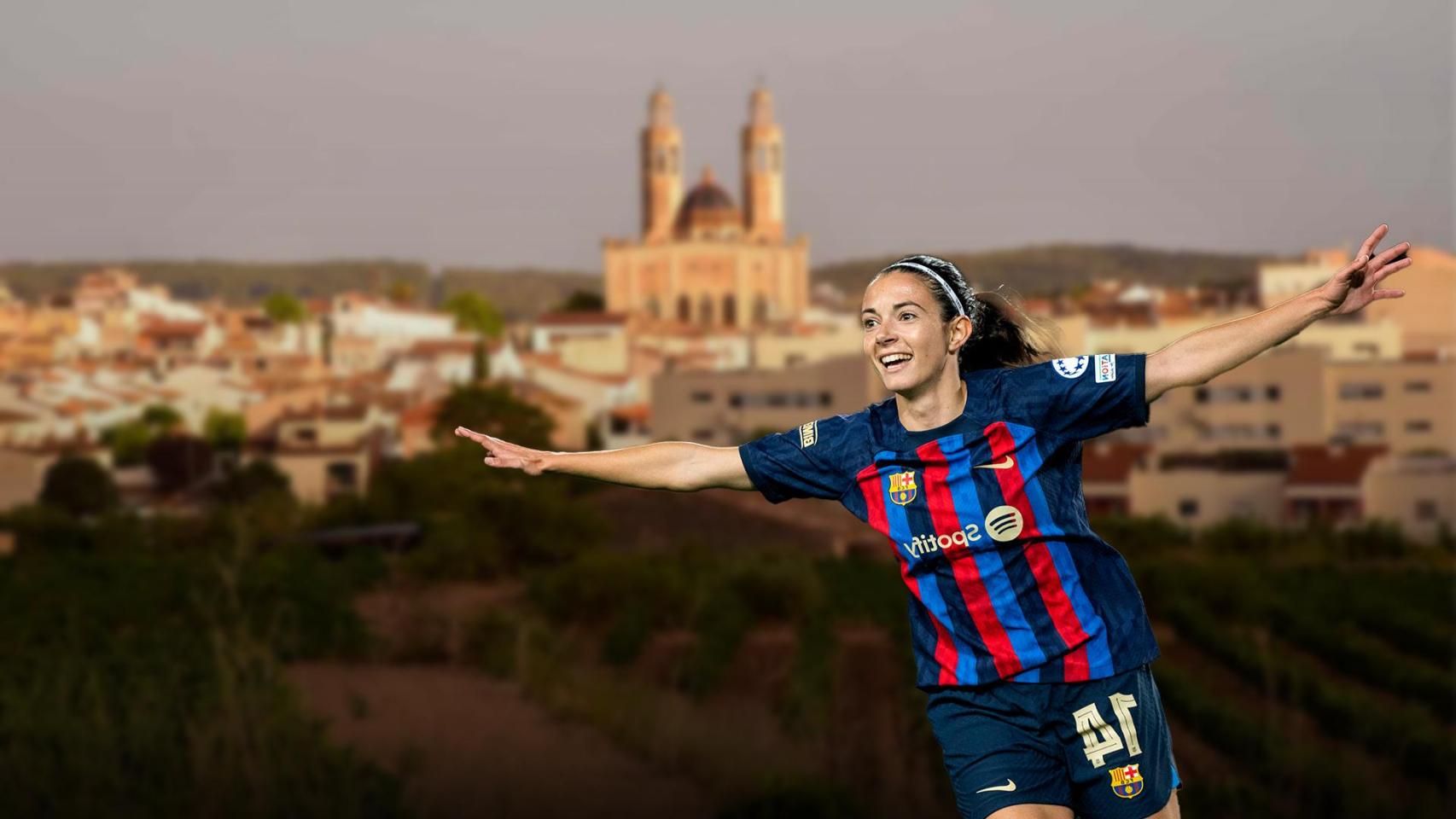 Fotomontaje de Aitana Bonmatí con Sant Pere de Ribes de fondo