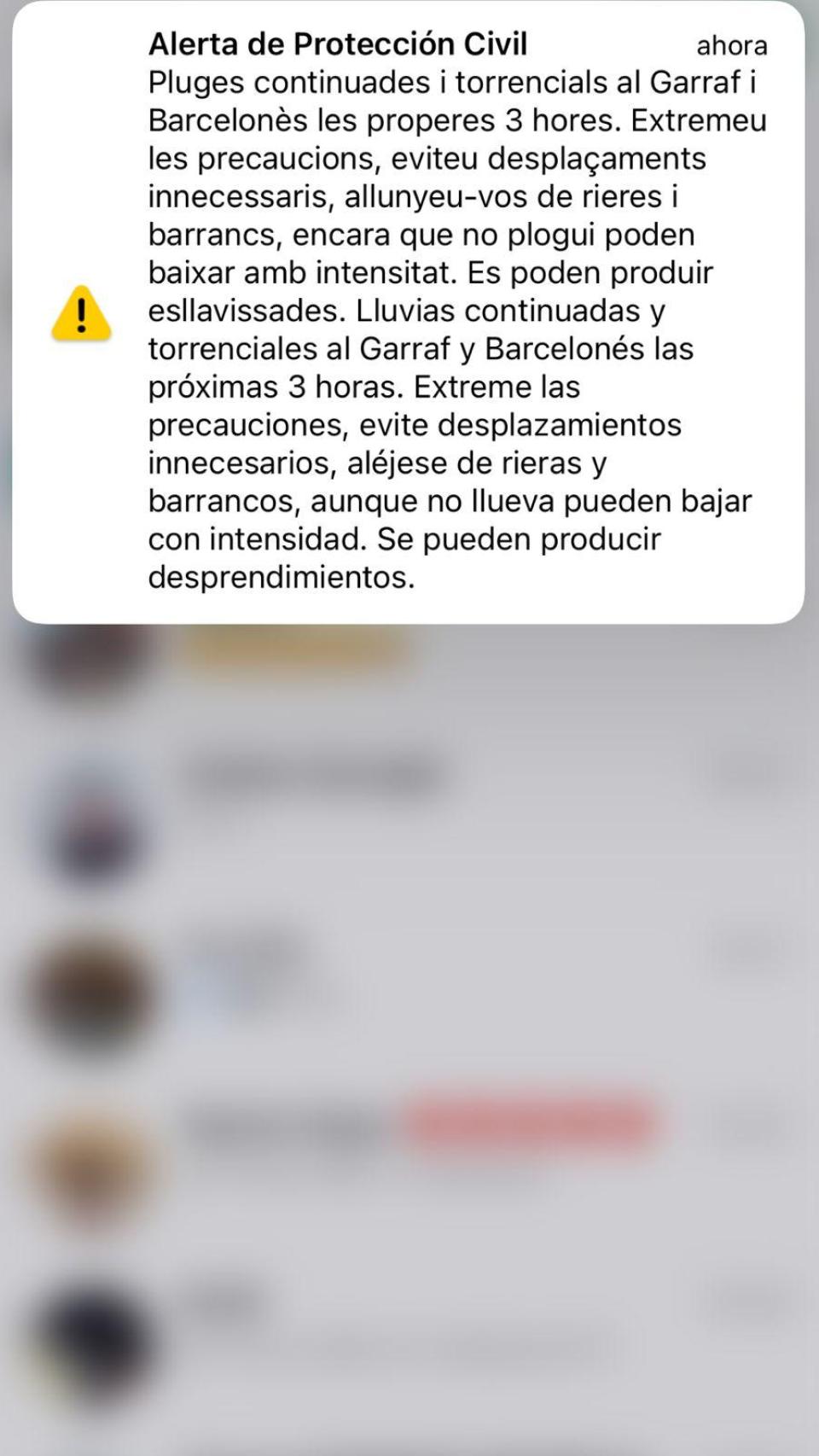 La alerta enviada a los móviles de Protecció Civil