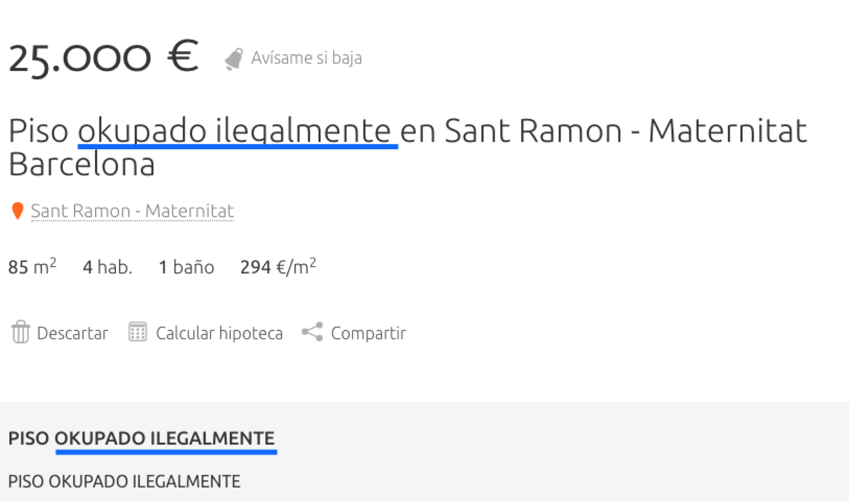 Anuncio en Habitaclia de un piso okupado en venta en Sant Ramón, Barcelona