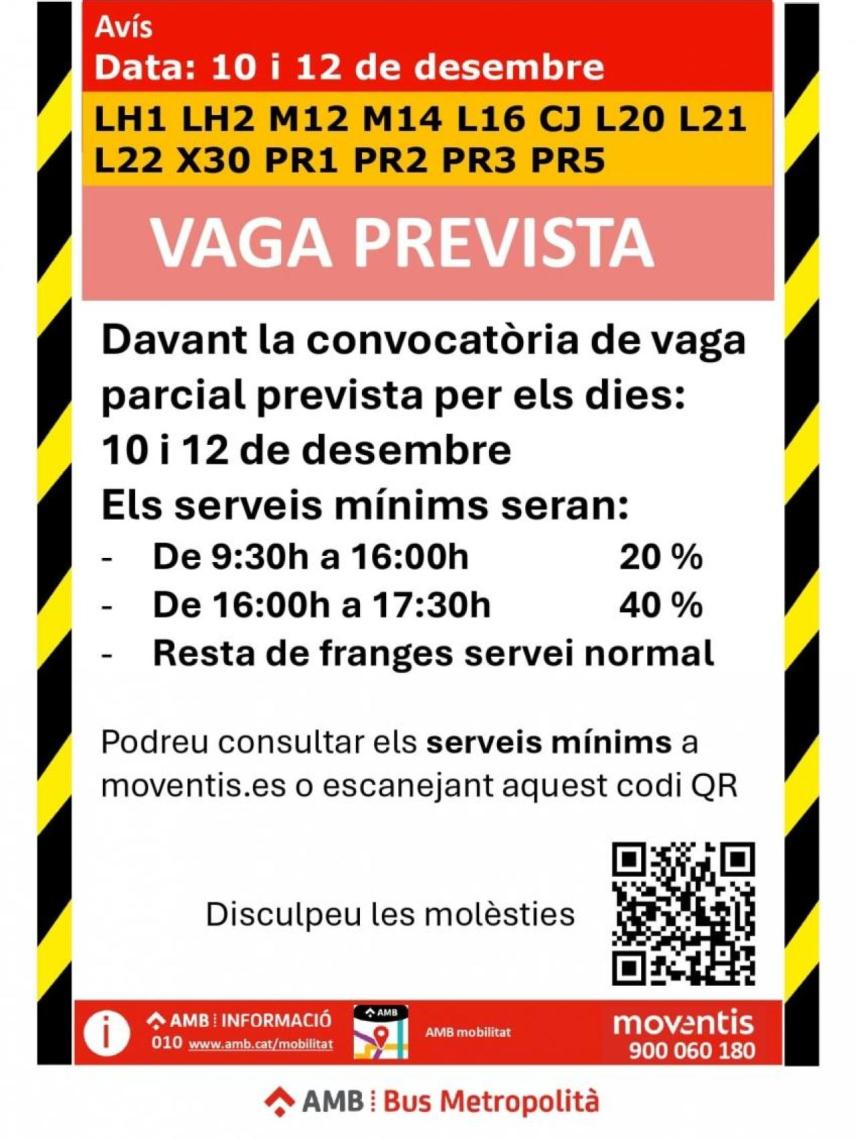 Cartel de información de Moventis sobre la huelga de autobuses en el Baix Llobregat