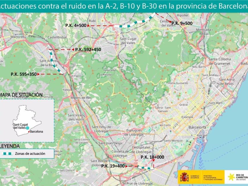 Mapa de las actuaciones contra el ruido en la A-2, B-10 y B-30