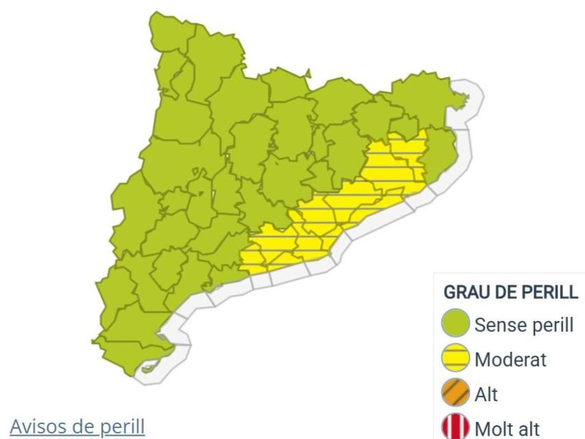 Mapa de avisos de Catalunya del Meteocat a 9 de enero de 2025