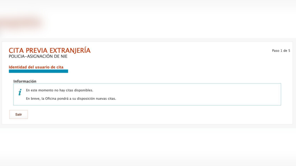 Mensaje de la página web de extranjería que indica que no hay citas disponibles para tramitar el NIE