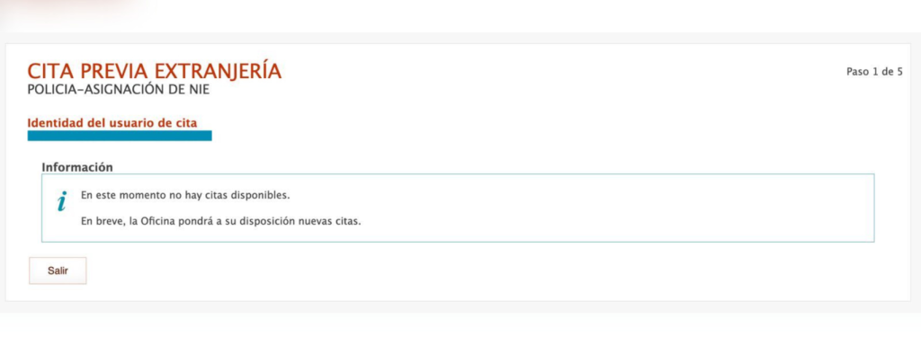 Mensaje de la página web de extranjería que indica que no hay citas disponibles para tramitar el NIE