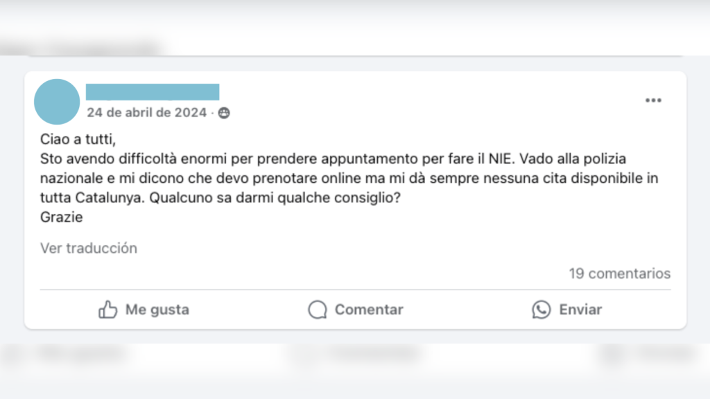 Un extranjero pide consejos para conseguir la cita previa del NIE en un grupo de Facebook