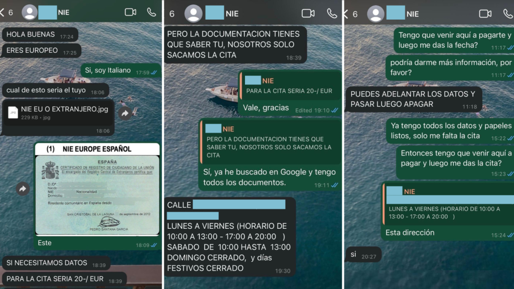 Capturas de la conversación entre Paolo (solicitante) y el vendedor de la cita previa para tramitar el NIE