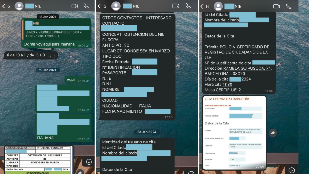 Capturas de la conversación entre Paolo (solicitante) y el vendedor de la cita previa para tramitar el NIE