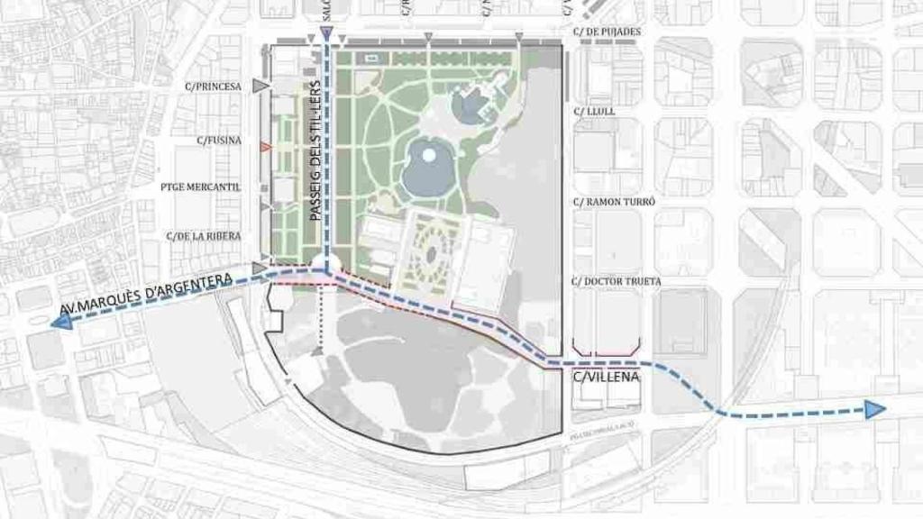 Mapa del futuro del Parc de la Ciutadella, con el nuevo acceso por la calle Wellington