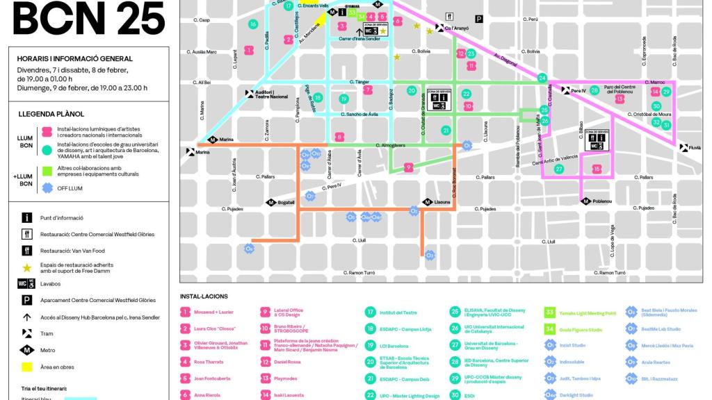 Mapa con los itinerarios del festival Llum BCN 2025