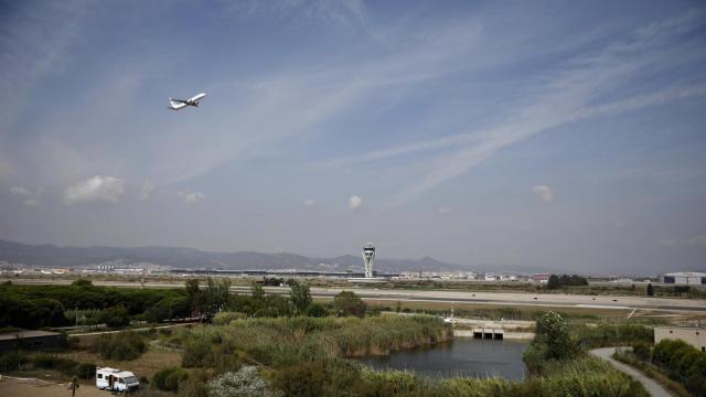 Un avión vuela por el espacio protegido de la Ricarda, en El Prat de Llobregat