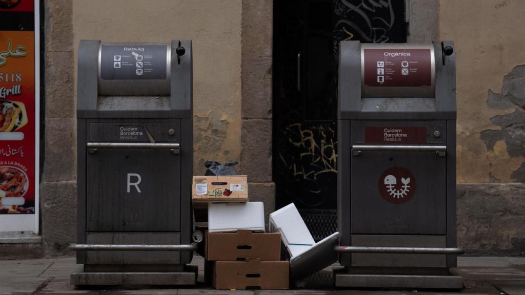 Varias cajas en unos contenedores de basura, en el barrio del Raval.