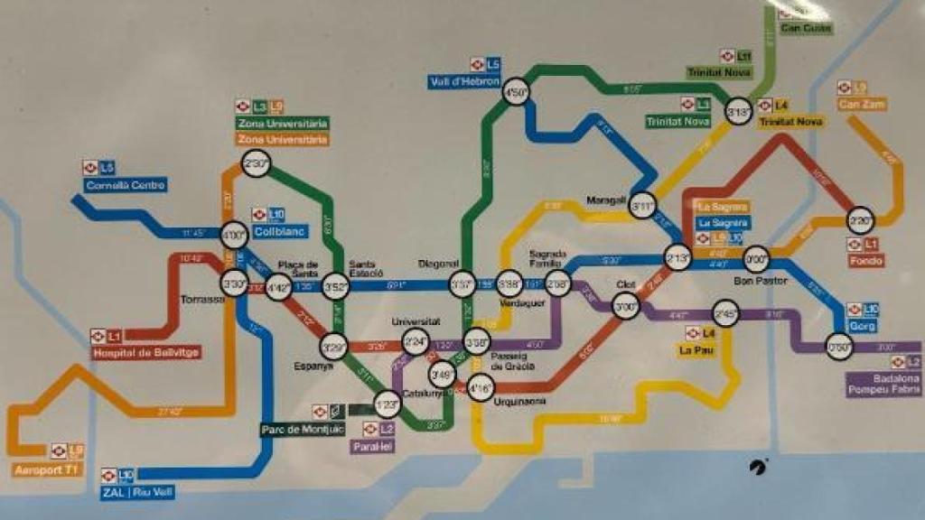 Imagen que muestra las líneas de metro y sus tiempo de recorrido